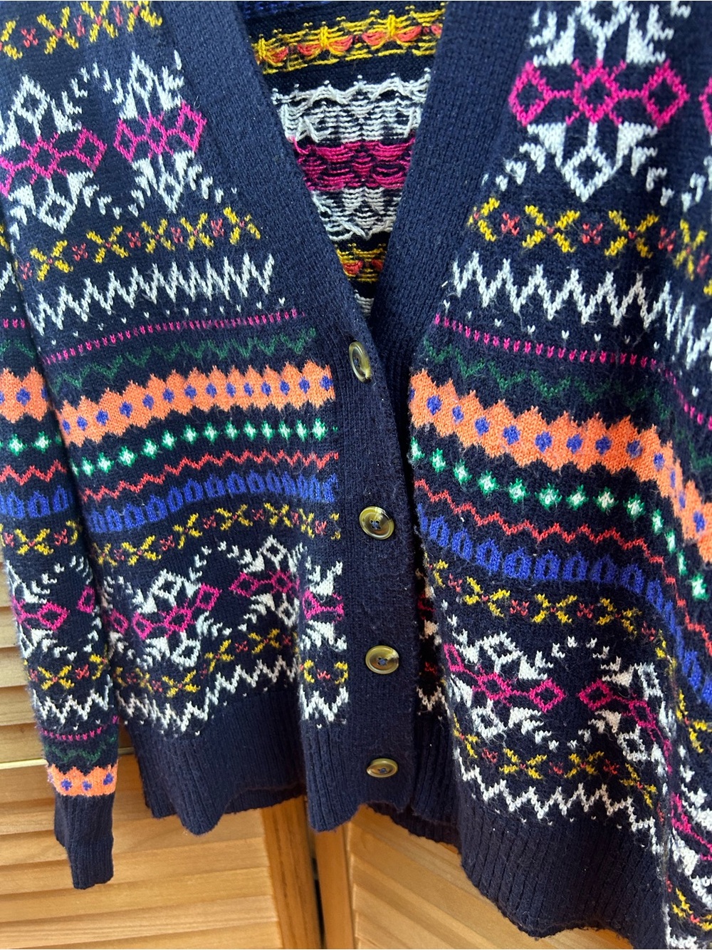 Talbots Fair Isle Cardigan Sweater Large Navy Multicolor Button Front Cozy - Picture 4 of 8